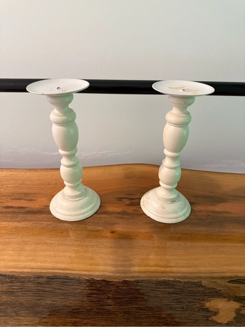 Source Unknown Distressed White Turned Wood Candlestick Pair